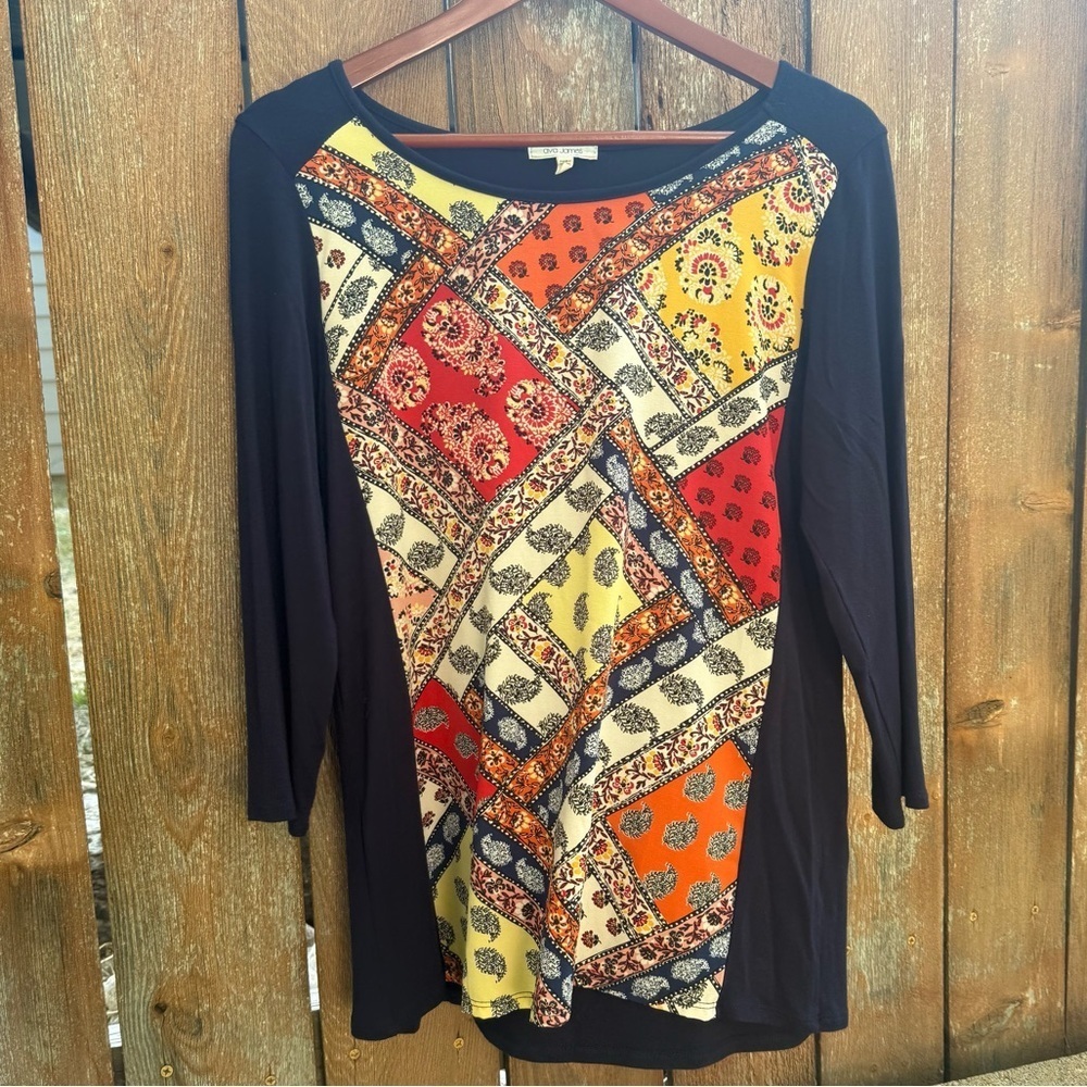 AVA JAMES Women’s Colorful Navy Patterned 3/4 Sleeve Top Blouse Size Small